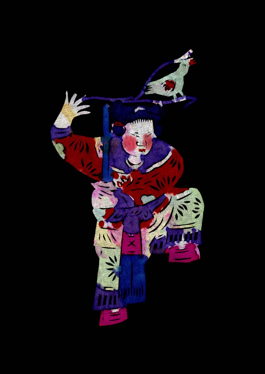 Female Character Holding a Sword with Bird. Painted Paper Cutting or 