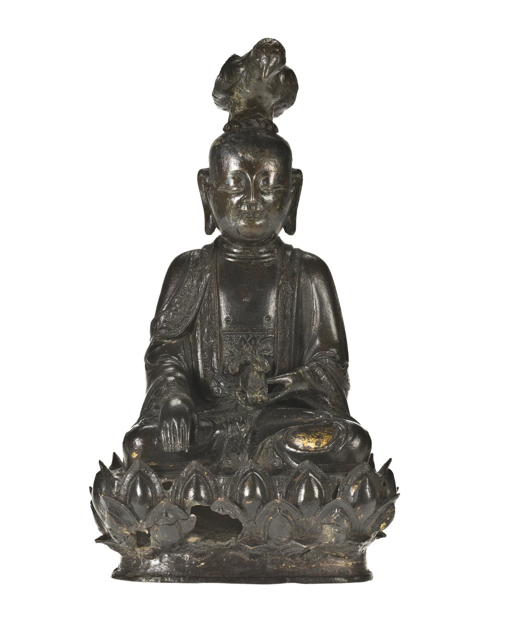 Figure of Guanyin, the Chinese goddess of mercy seated on a lotus design base with a raven perched on her head and a rabbit resting in her left hand by School Chinese