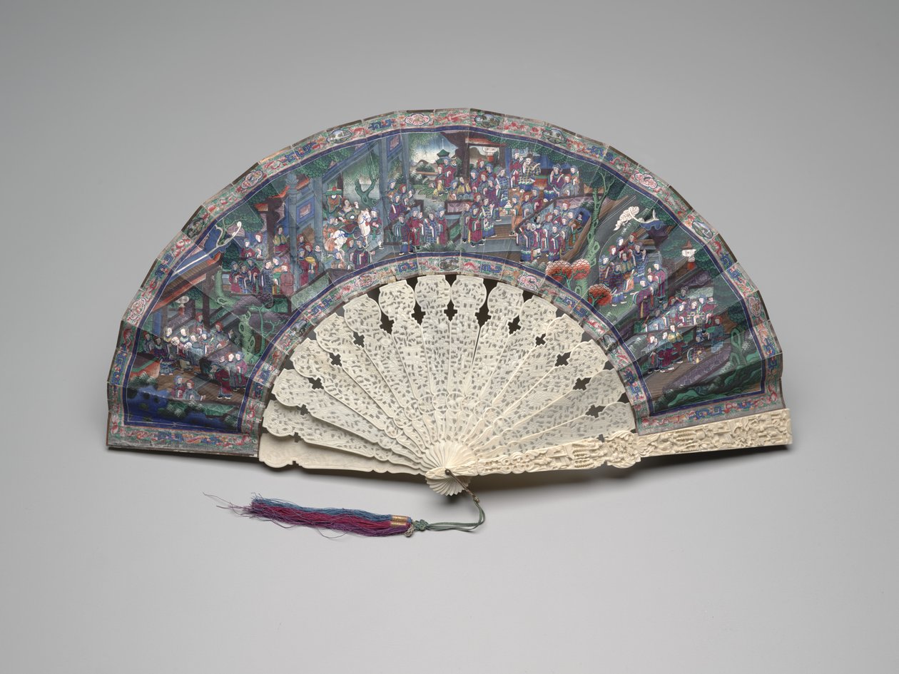 Folding fan with a scene of a Chinese court by School Chinese
