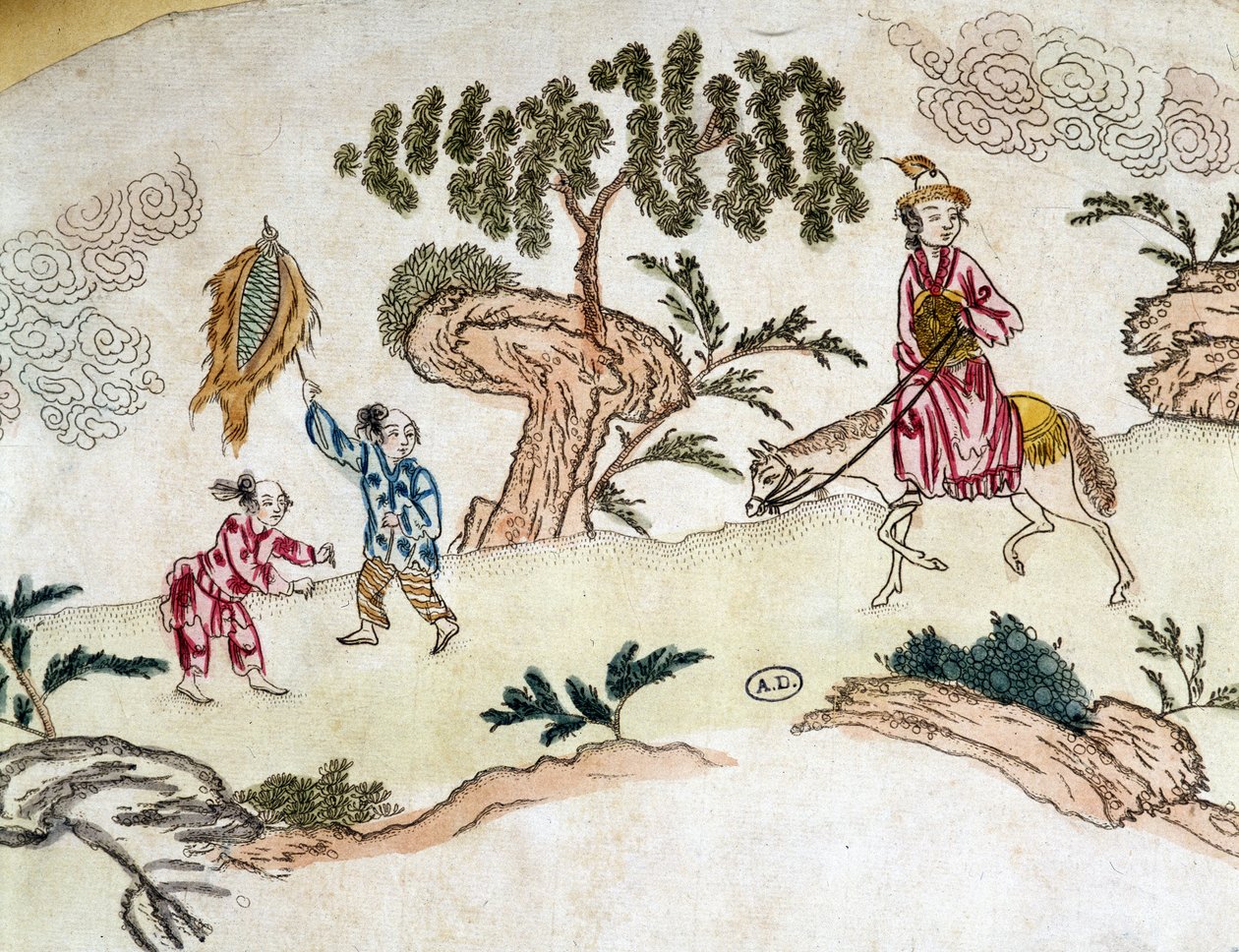 Noble woman on horseback and children playing kite - Chinese print, circa 1800 by School Chinese