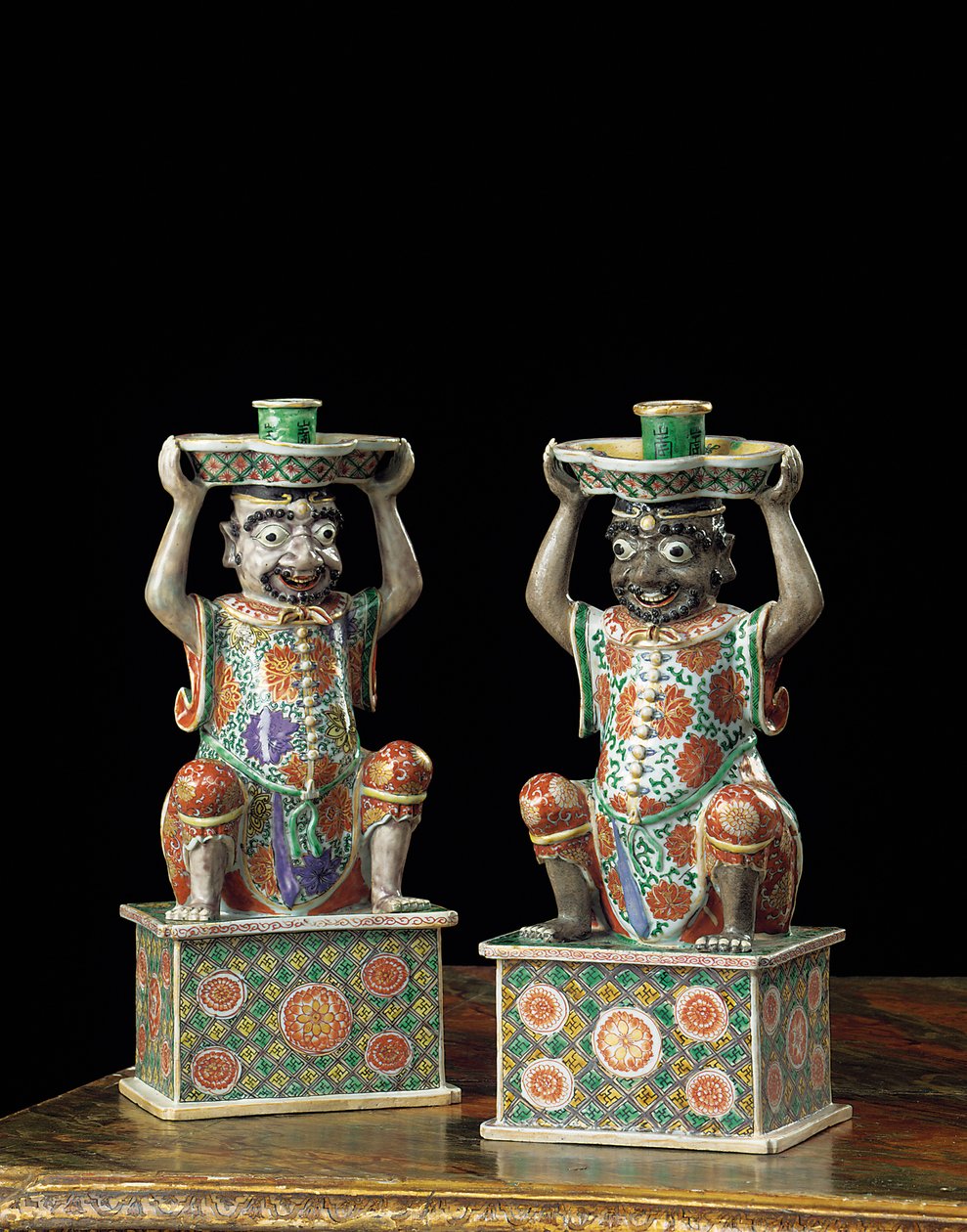 Pair of export famille verte candlesticks, Kangxi by School Chinese