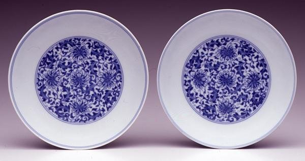 Pair of Saucer Dishes, with Stylised Lotus Flowers, Yongzheng Mark and Period 1723-35 by School Chinese