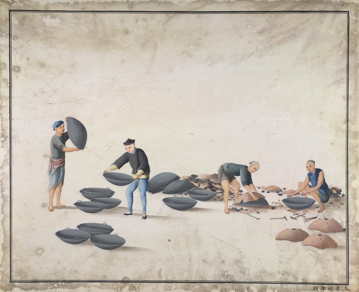 Take away the mould and take out the good round-bottomed cooking pan, manufacturing cast iron in China, c.1820 by School Chinese