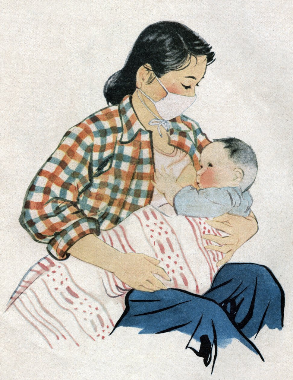 Young Mom Breastfeeding Her Baby. Illustration, in “How to Better Nourish Our Children”, Edition Le Journal de la Sante, Beijing by School Chinese