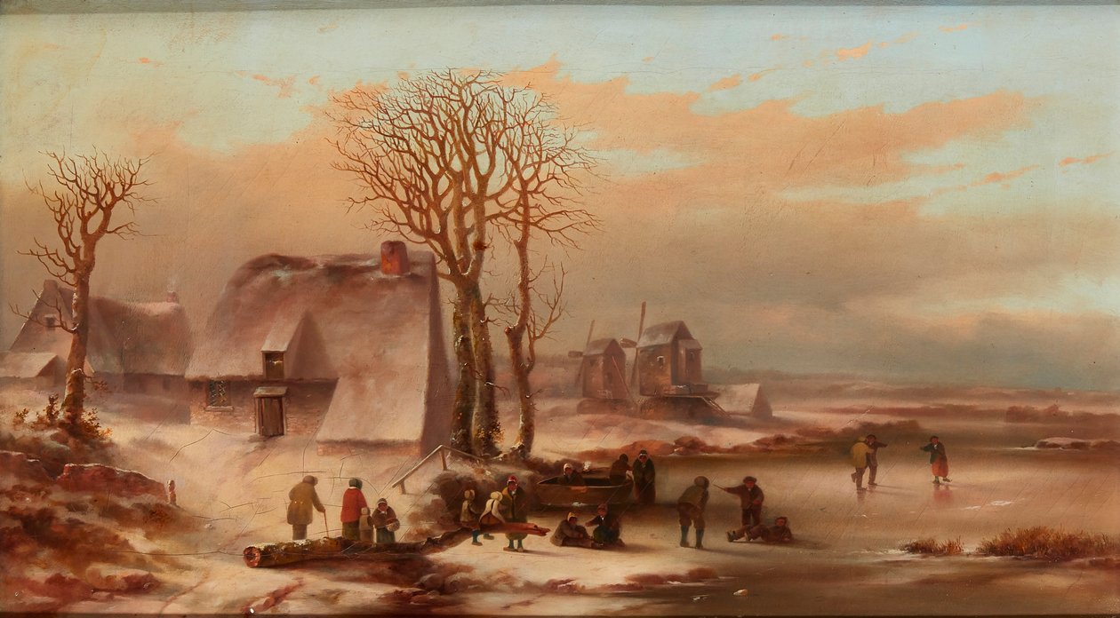 A Winter Landscape with Figures on a Frozen Lake by School Dutch