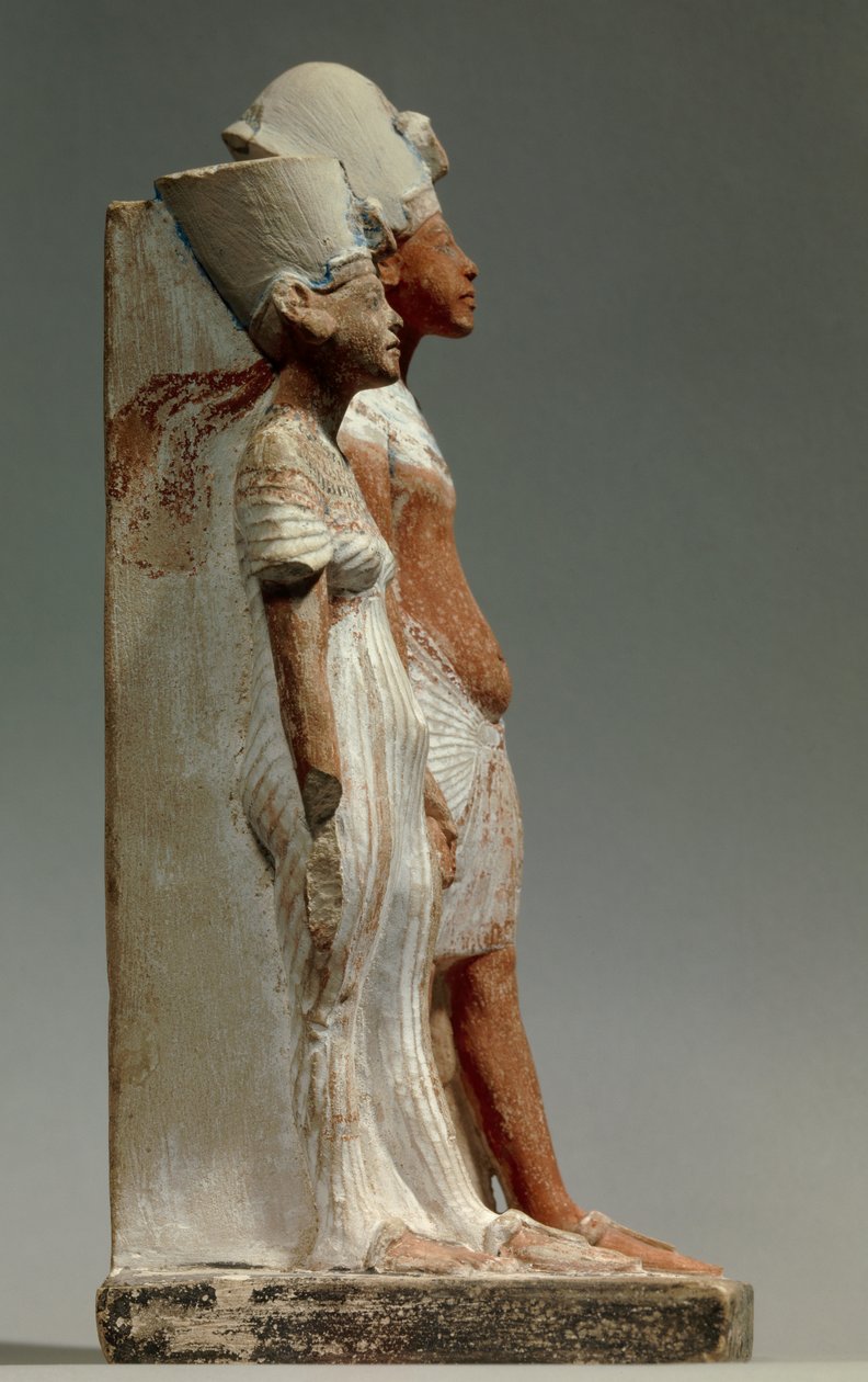 King Akhenaton and Queen Nefertiti, Painted Limestone Sculpture, Paris, Musee Du Louvre by School Egyptian