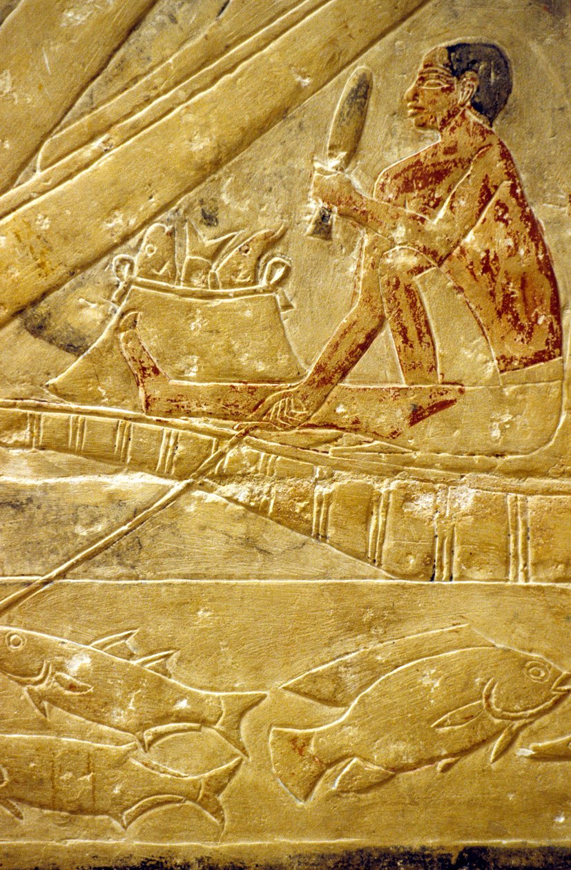 Mastaba/Tomb of Idout, Saqqara, Fishermen sit on boats, scaling fish by School Egyptian
