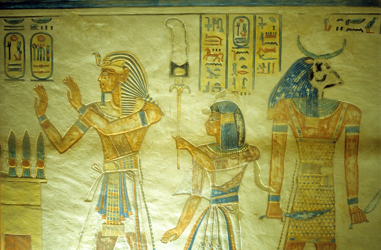 Ancient Egypt, Painting/Carving, Amon hir Khopshef Tomb, Rameses III with his son Amon-Hir carrying a standard by School Egyptian