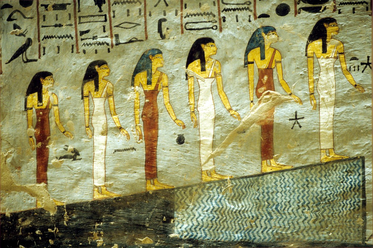 Ancient Egypt, Painting, Tomb of Rameses I, Thebes, Six goddesses representing the first six hours of the night, ascending a mountain beneath which is a pond by School Egyptian