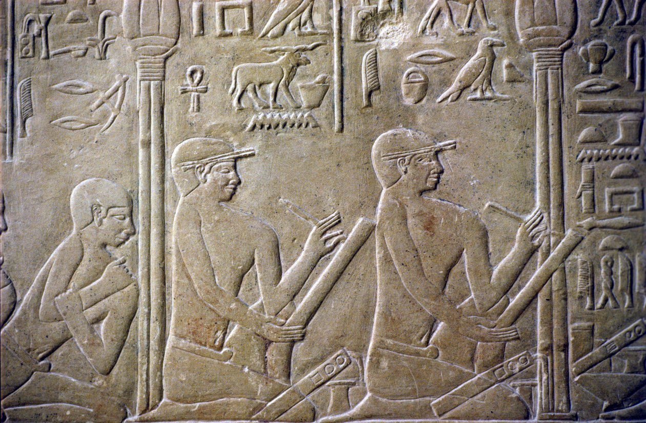 Relief/Carving, Tomb of Merereuka, Mastaba of Merereuka, 6th Dynasty, Saqqara, Village elders forced to admit their faulty tax returns to clerks by School Egyptian