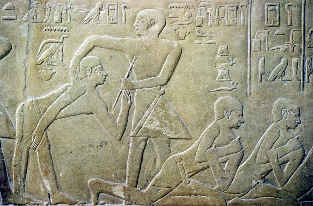 Ancient Egypt, Relief, Village elders forced to admit their faulty tax returns to clerks, Tomb of Merereuka, 6th Dynasty by School Egyptian