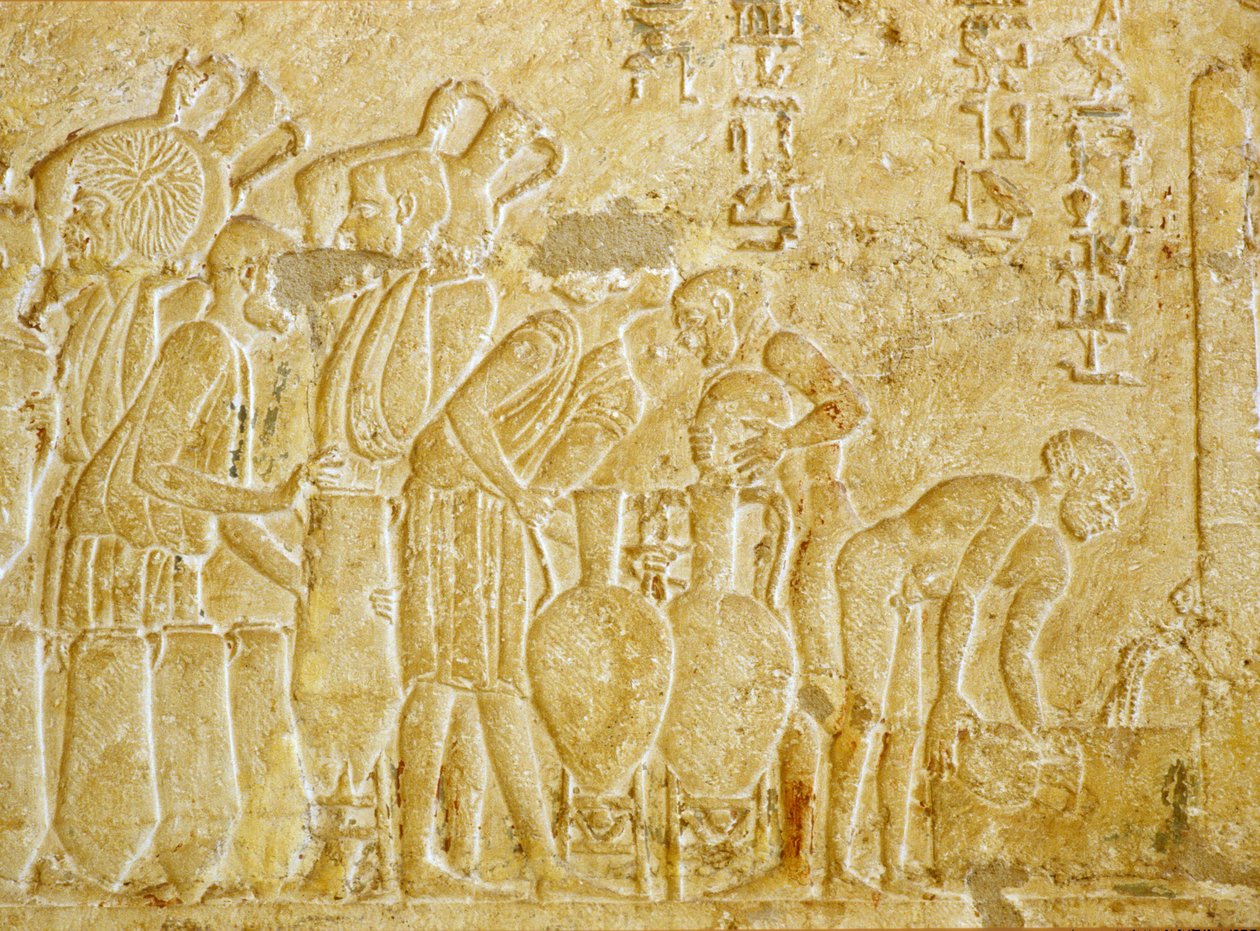 Ancient Egypt, Wall carving, Tomb of Petosiris, 300 BC, Tuna el-Gebel, Collecting and bottling the wine by School Egyptian