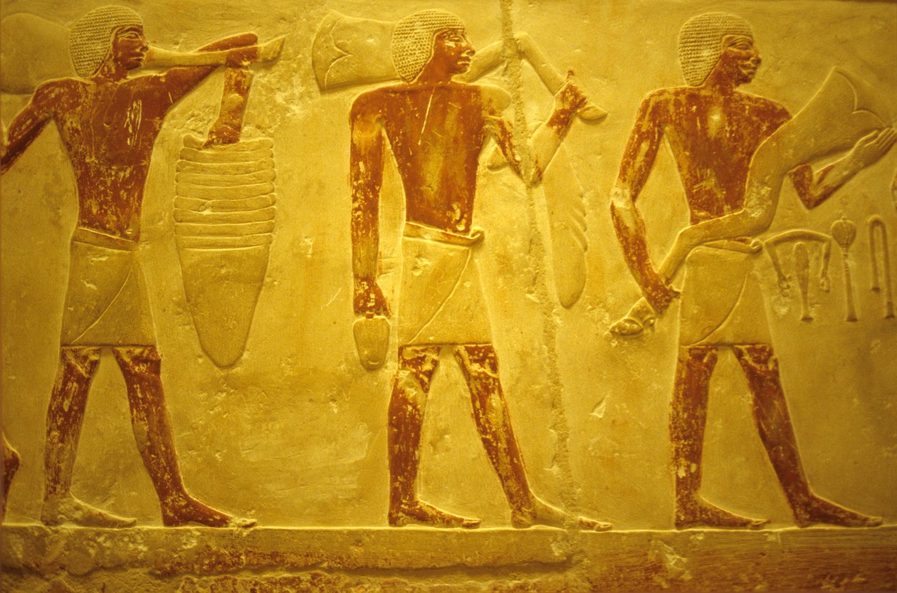 Ancient Egypt, Wall carving/painting, Mastaba/Tomb of Idout, Saqqara, 2323-2150 BC, Bearers with offerings by School Egyptian