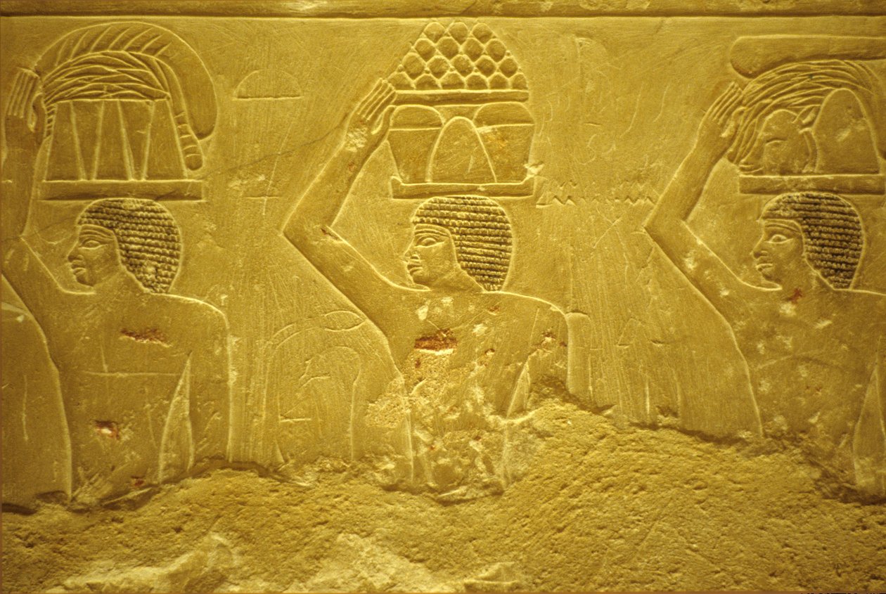 Ancient Egypt, Wall Carving/Painting, Mastaba/Tomb of Idout, Saqqara, 2323-2150 BC, Bearers with Offerings by School Egyptian