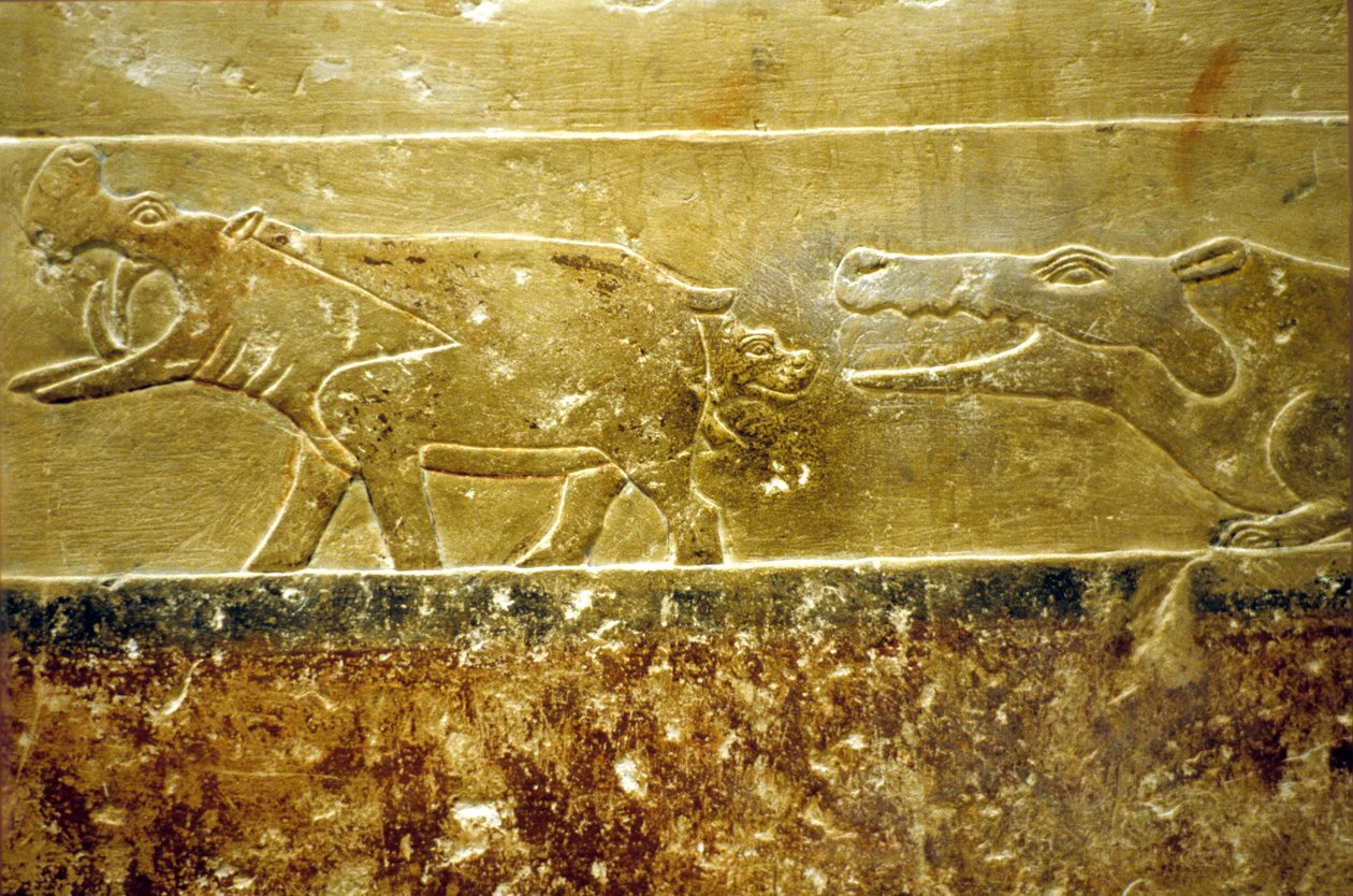 Ancient Egypt, Wall Carving/Painting, Mastaba/Tomb of Idout, Saqqara, 6th Dynasty Hippo Gives Birth and Falls Prey to Waiting Crocodile by School Egyptian