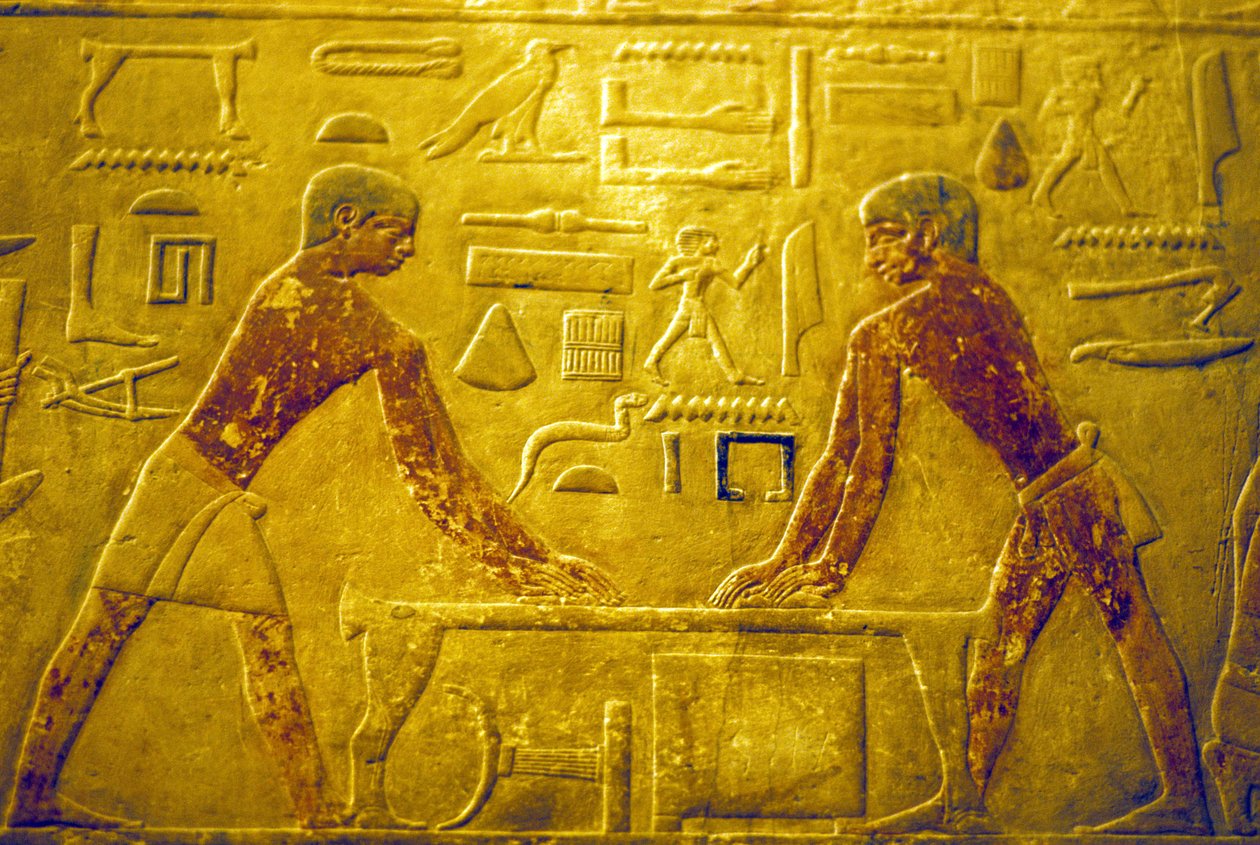 Ancient Egypt, Wall Carving/Painting, Mastaba/Tomb of Ti, 5th Dynasty, Saqqara, Workmen Polishing Wood by School Egyptian