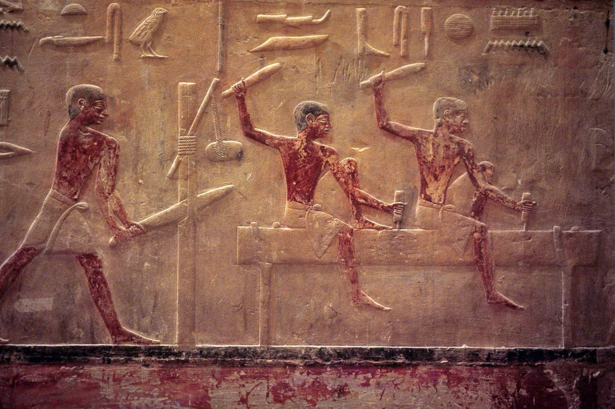 Ancient Egypt, Wall carving/painting, Mastaba/Tomb of Ti, Saqqara, 5th Dynasty, Carpenters sawing and hammering, Shaping beam by School Egyptian