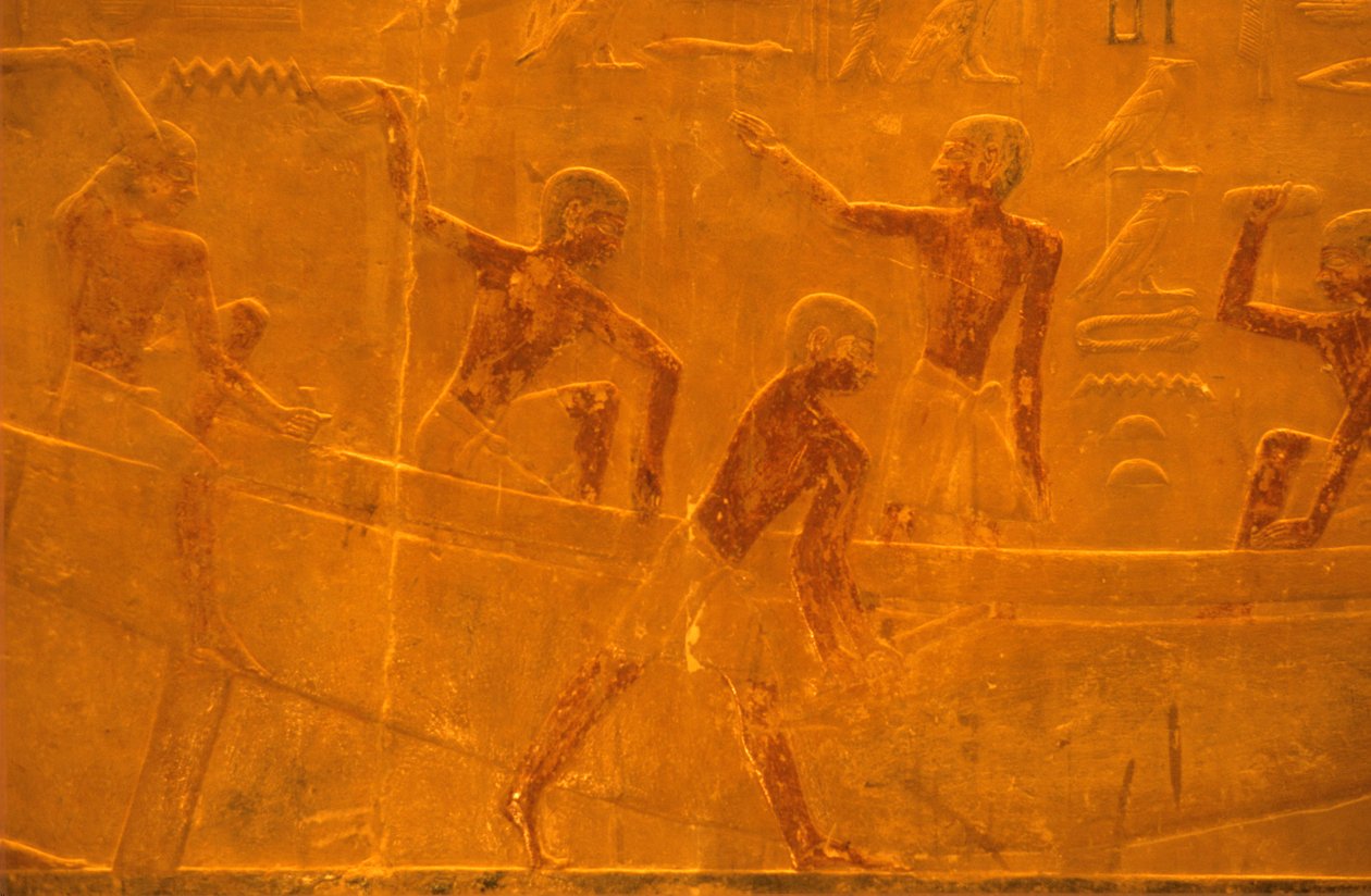 Ancient Egypt, Wall carving, Mastaba of Ti, Saqqara, 5th Dynasty, Shipbuilding by School Egyptian