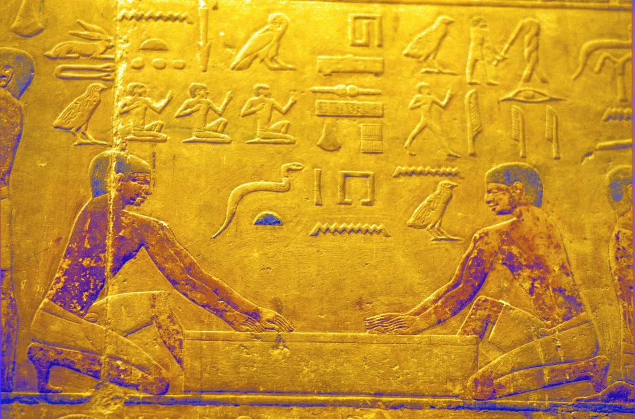Ancient Egypt, Wall carving/painting, Mastaba/Tomb of Ti, Saqqara, 5th Dynasty, Workmen polishing wood by School Egyptian