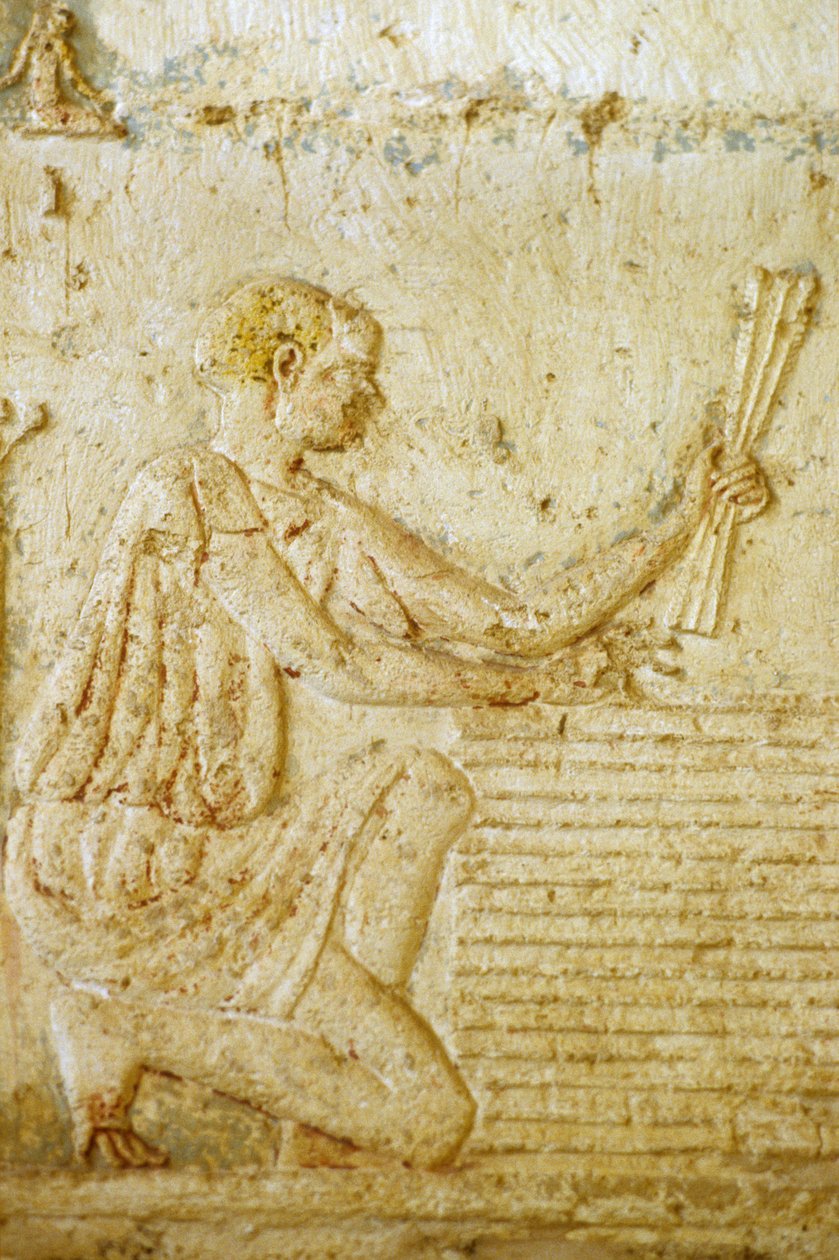 Ancient Egypt, Wall carving/painting, Tomb of Petosiris, Tuna el Gebel, 300 BC, The flax harvest by School Egyptian