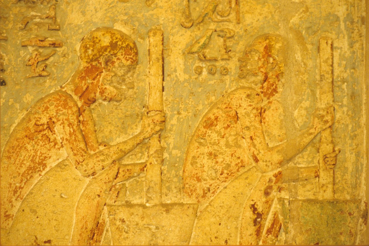 Ancient Egypt, Wall Carving/Painting, Tomb of Petosiris, Tuna el Gebel, 300 BC, Workers Using Pestle and Mortar by School Egyptian