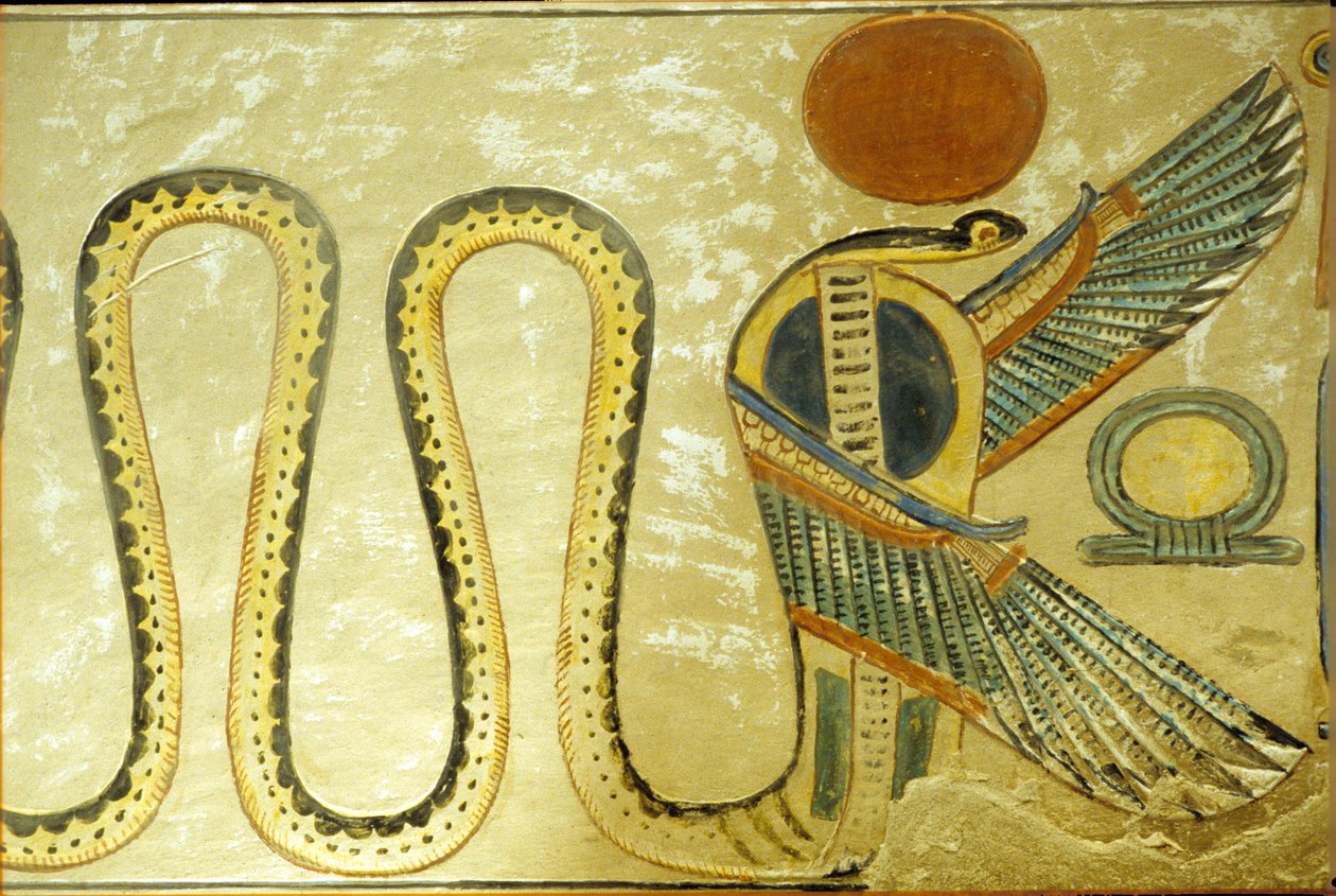 Ancient Egypt, Wall Painting, Tomb of Amon Hir Khopshef, Uraeus and Winged Serpents Guard the Burial Chamber Entrance, 20th Dynasty, Valley of the Queens by School Egyptian