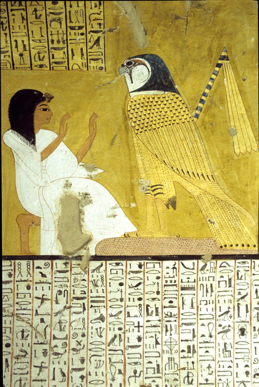 Ancient Egypt, Wall painting, Tomb of Inherkhau, Thebes, Tomb of the Nobles, 20th Dynasty, Inherkhau worshipping the Horus hawk by School Egyptian