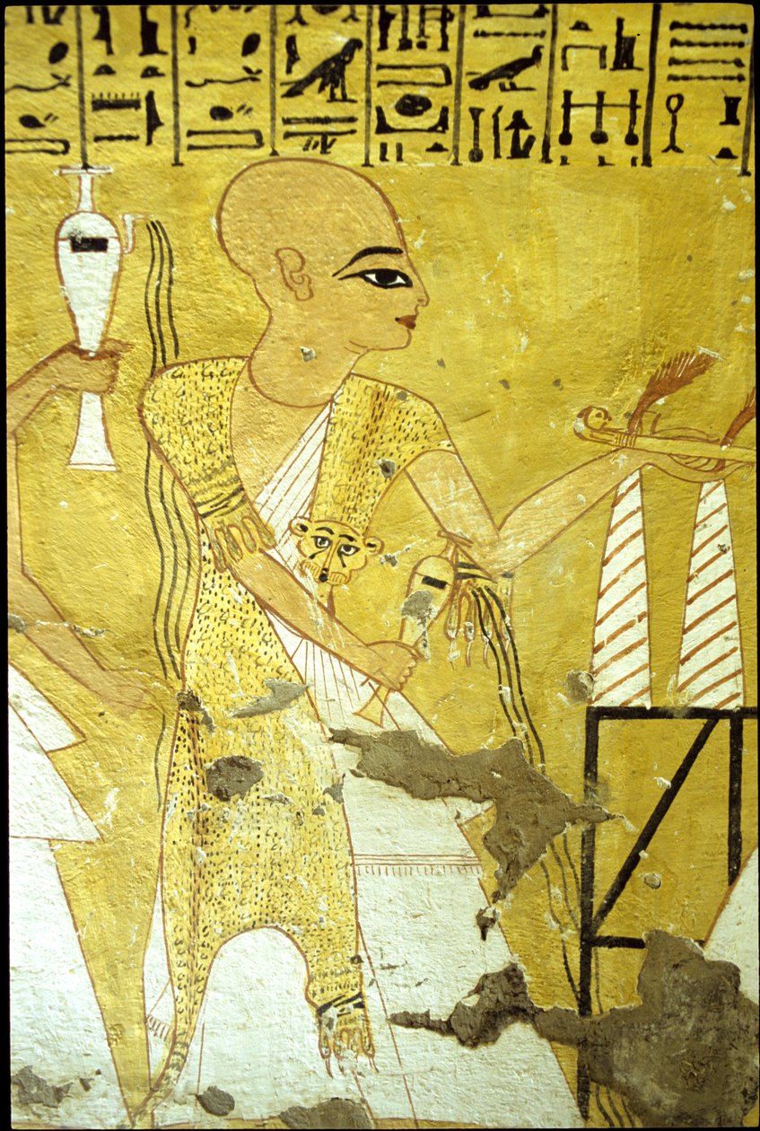 Ancient Egypt, Wall painting Tomb of Inherkhau, Thebes, Tomb of the Nobles, 20th dynasty, A priest pouring libations for Inherkhau by School Egyptian