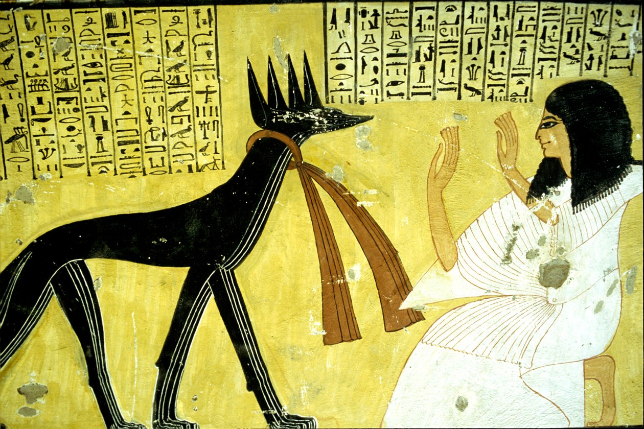 Ancient Egypt, Wall Painting Tomb of Inherkhau, Thebes, Tomb of the Nobles, 20th Dynasty, Inherkhau Worshipping the Jackal Gods by School Egyptian