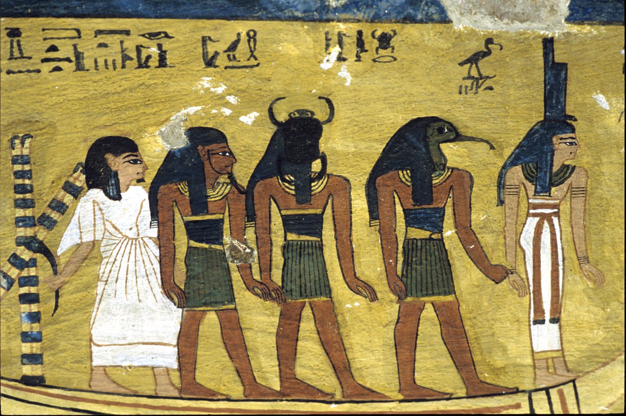 Ancient Egypt, Wall painting Tomb of Inherkhau, Thebes, Tomb of the Nobles, 20th dynasty, Inherkhau in the solar barque with Isis, Thoth and Khephri by School Egyptian