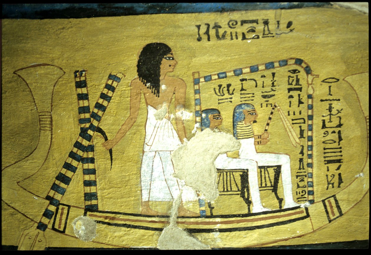 Ancient Egypt, Wall painting Tomb of Inherkhau, Thebes, Tomb of the Nobles, 20th dynasty, Inherkhau steering a boat with two Gods seated in a shrine by School Egyptian