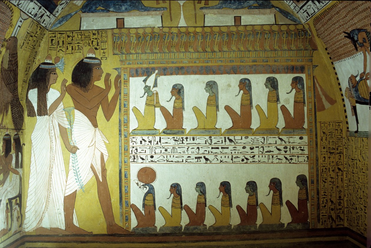 Ancient Egypt, Wall painting, Tomb of Sennedjem, Wall, Sennedjem and his wife worship Gods of the underworld, Osiris, Horus, Thebes, Deir el Medina by School Egyptian