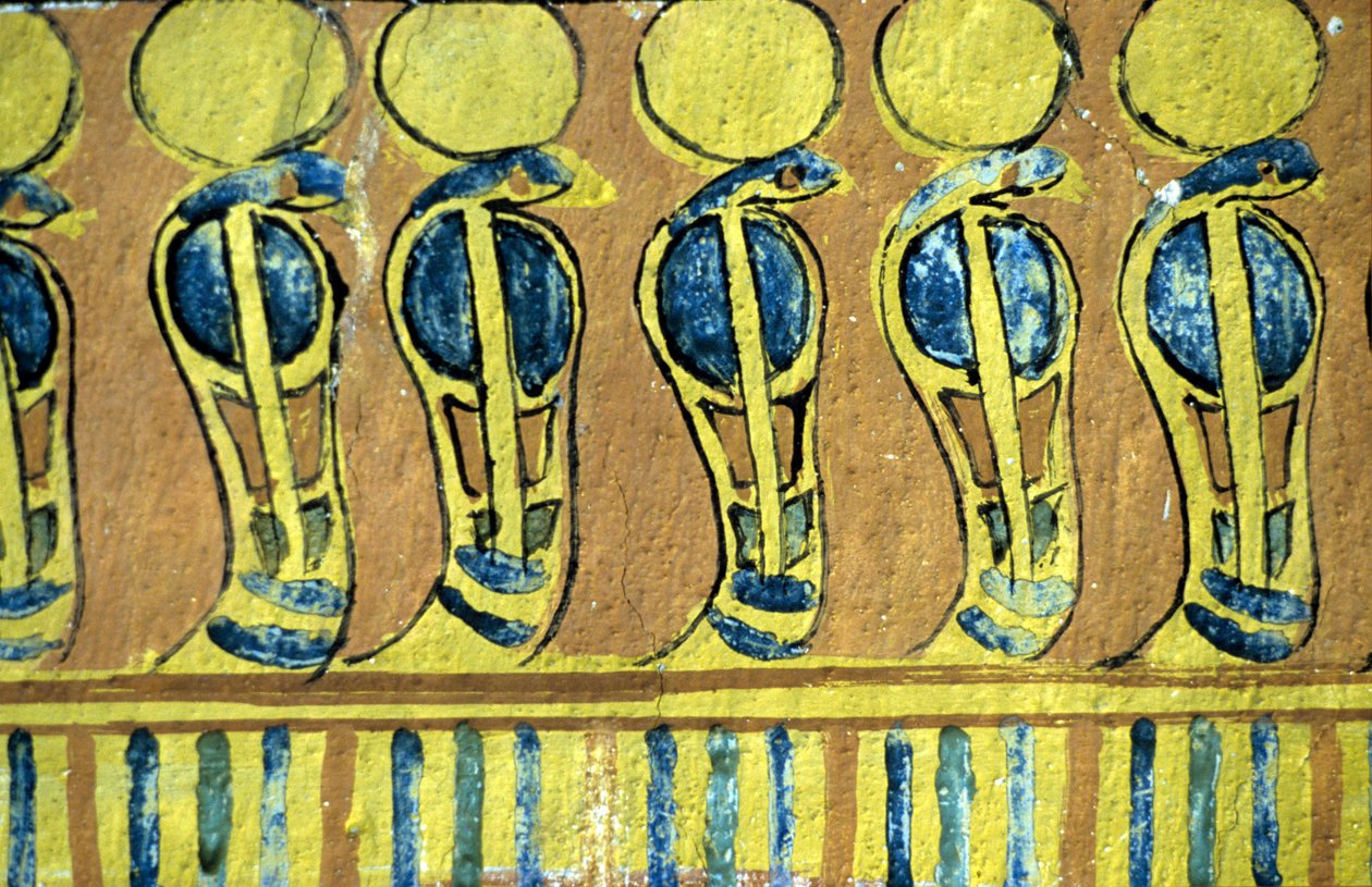 Ancient Egypt, Wall painting, Uraeus serpents guarding the shrine of Osiris, Tomb of Sennedjem, Thebes, Deir el Medna by School Egyptian