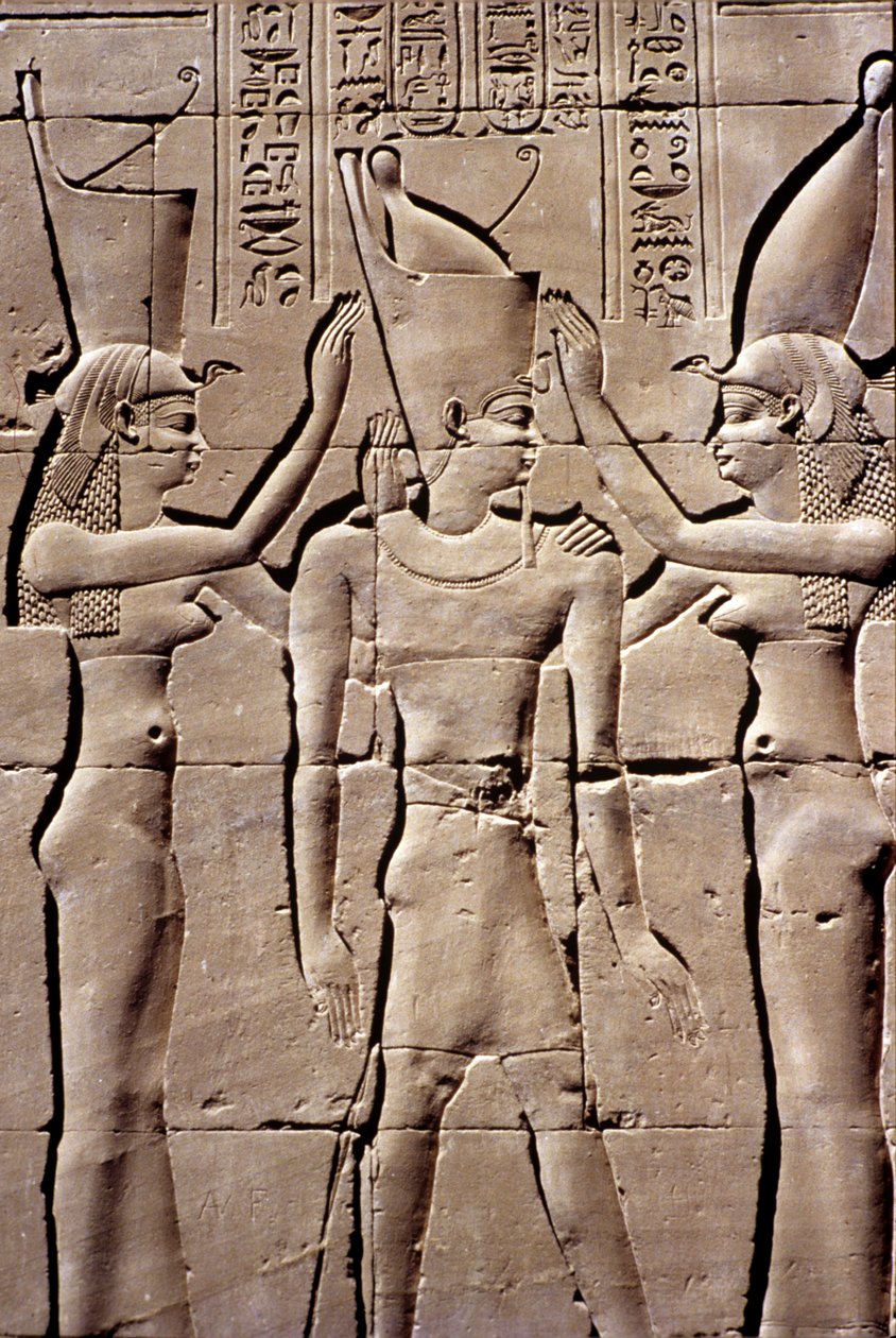 Ancient Egypt, Wall painting/carving, A King receives the double crown from Isis and Nephthys, Temple of Horus, Edfu by School Egyptian