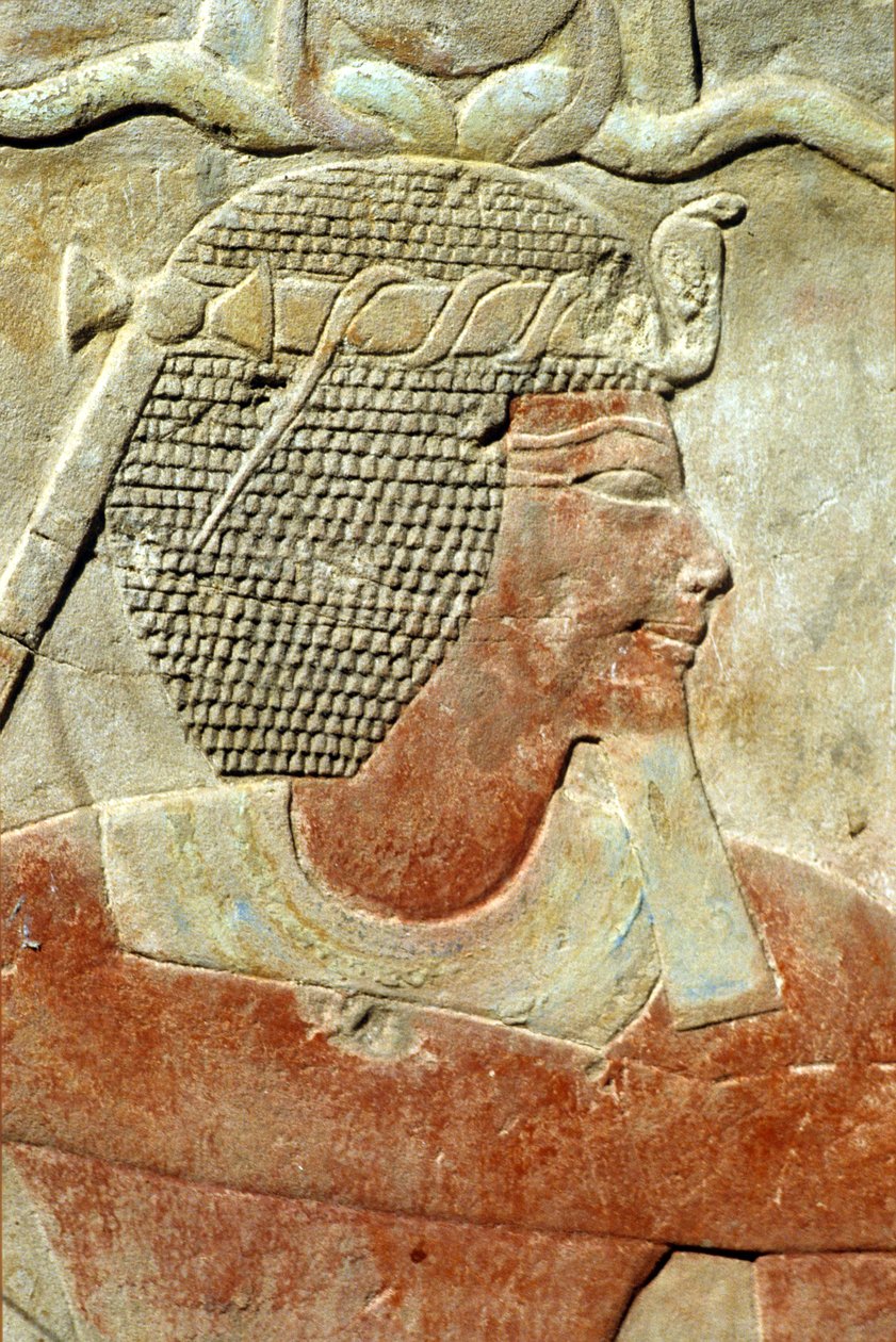 Ancient Egypt, Wall painting/carving, A Pharaoh, wearing the Atef crown, Karnak Temple, Luxor by School Egyptian