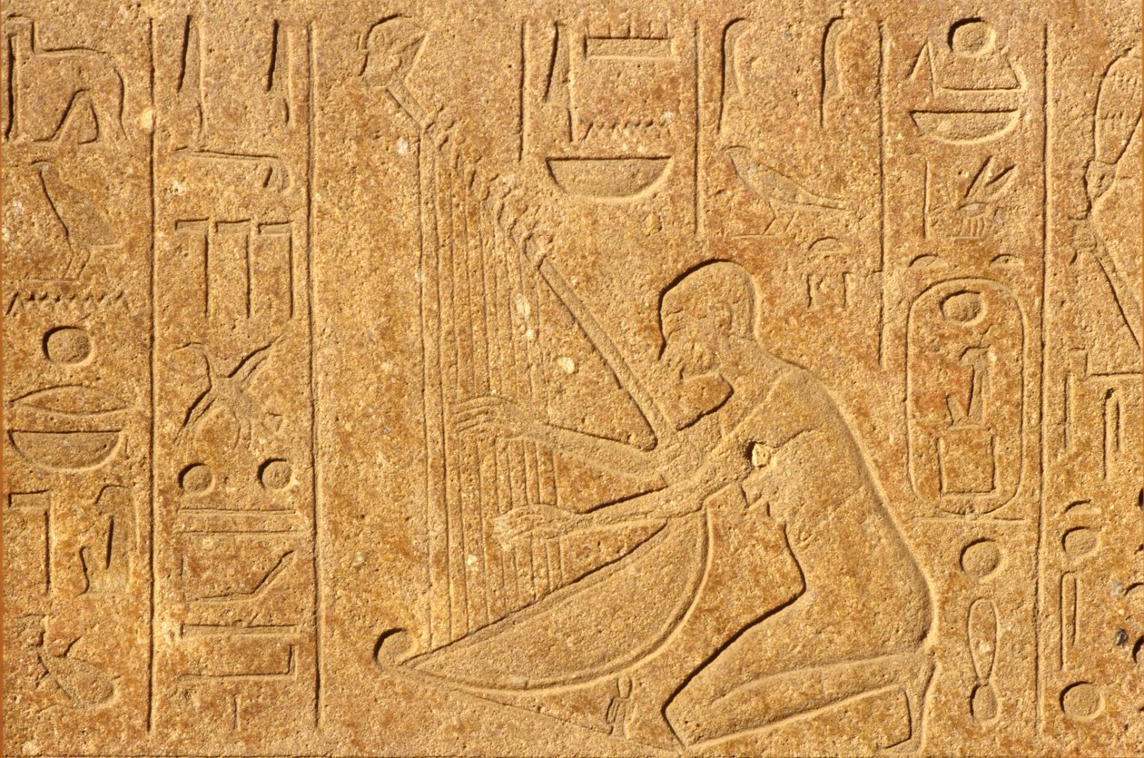 Ancient Egypt, Wall Painting/Carving, Harpist with Head of Hatshepsut at Top of Harp, Karnak Temple, Luxor by School Egyptian