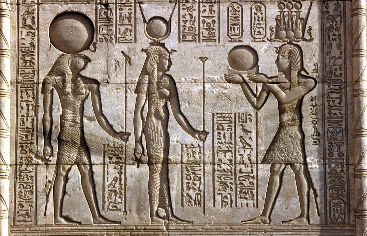 Ancient Egypt, Wall painting/carving, Horus and Isis receive an offering from the pharaoh, Temple of Hathor, Dendera by School Egyptian