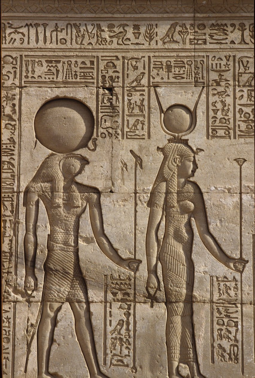 Wall painting/carving, Horus and Isis receive an offering from the pharaoh, Temple of Hathor, Dendera by School Egyptian