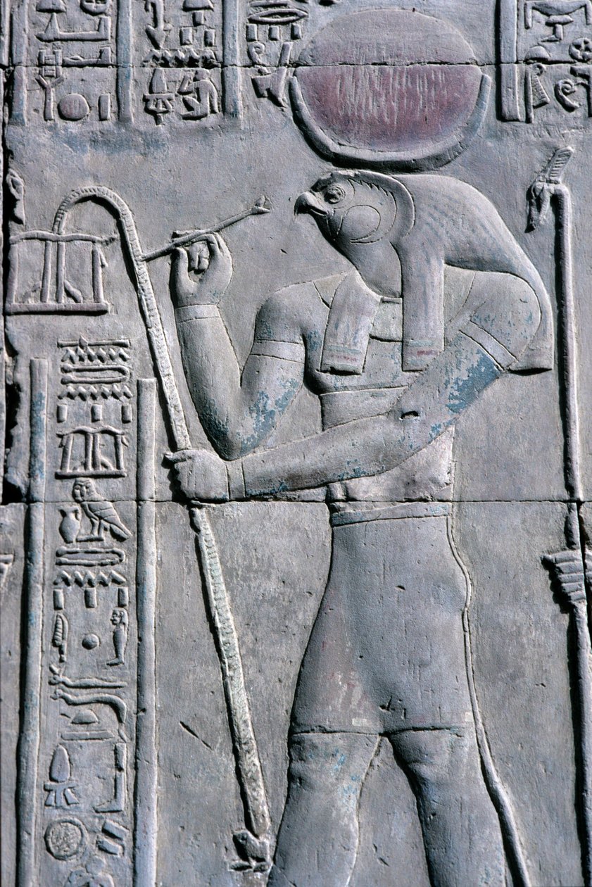 Ancient Egypt, Wall painting/carving, Horus writes on papyrus scroll, Temple of Sebek and Horus, Kom Ombo by School Egyptian