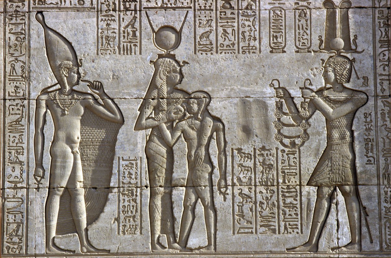 Ancient Egypt, Wall Painting/Carving, Isis Suckles the Young Pharaoh in the Presence of the Divine Infant Ihy, whilst the Pharaoh Makes an Offering, Temple of Hathor, Dendera by School Egyptian