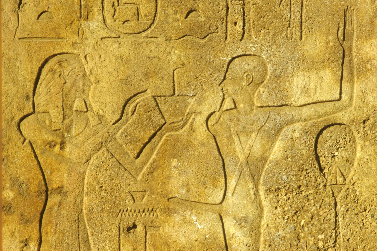 Ancient Egypt, Wall painting/carving, Karnak/Luxor Temple, Hatshepsut offers incense to God Min by School Egyptian