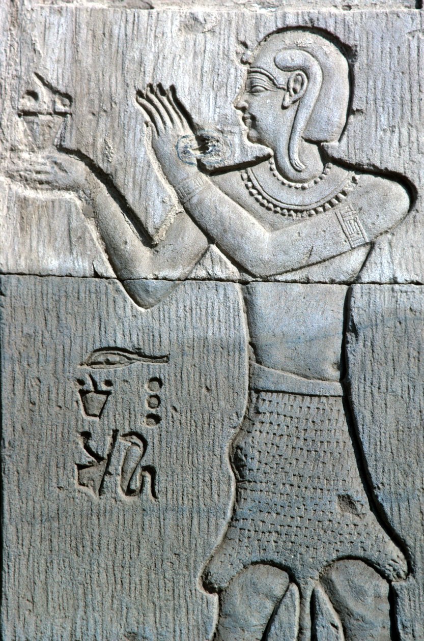Ancient Egypt, Wall painting/carving, Priest wearing a leopard skin, offering incense, Temple of Sebek and Horus Kom Ombo by School Egyptian