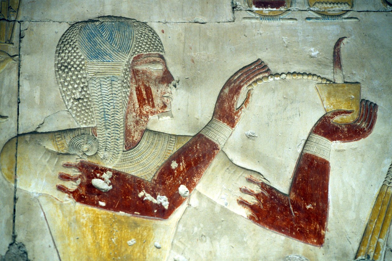 Ancient Egypt, Wall Painting/Carving, Rameses II Offering Incense to His Deified Father Seti I, Temple of Seti I, Abydos by School Egyptian