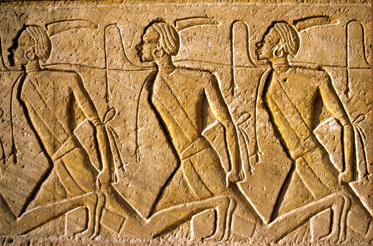 Ancient Egypt, Wall Painting/Carving, Row of Prisoners Representing the Kushite People, Depicted as African, Who Have Been Defeated by Rameses II, Temple of Rameses II, Abu Simbel by School Egyptian