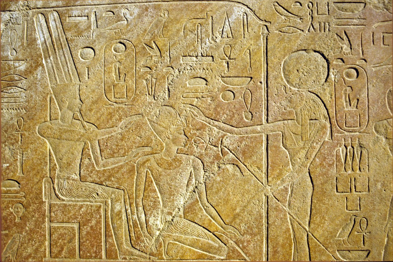 Wall painting/carving, Sakhmet addresses Amon Ra and Hatshepsut, Karnak Temple, Luxor by School Egyptian