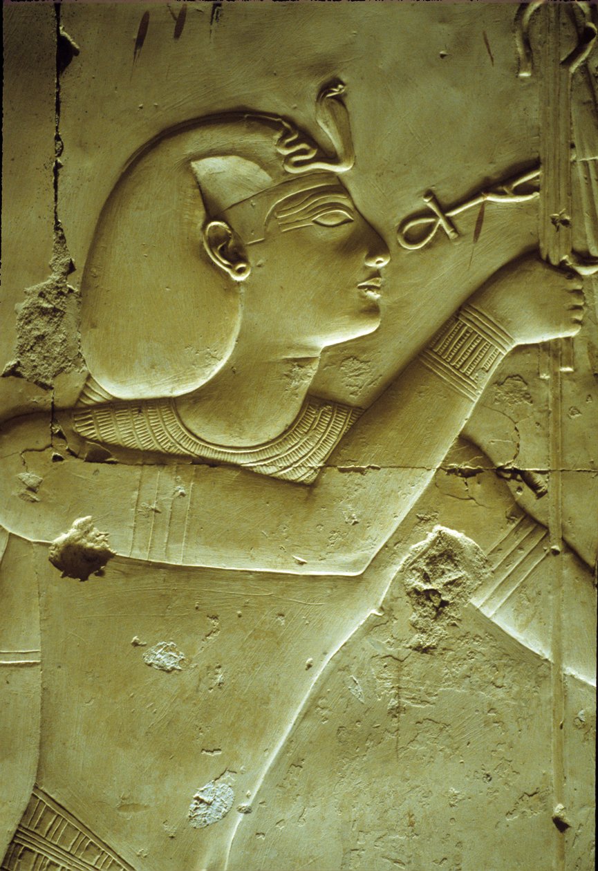 Ancient Egypt, Wall painting/carving, Seti I receiving life, symbolized by the ankh, Temple of Seti I, Abydos by School Egyptian