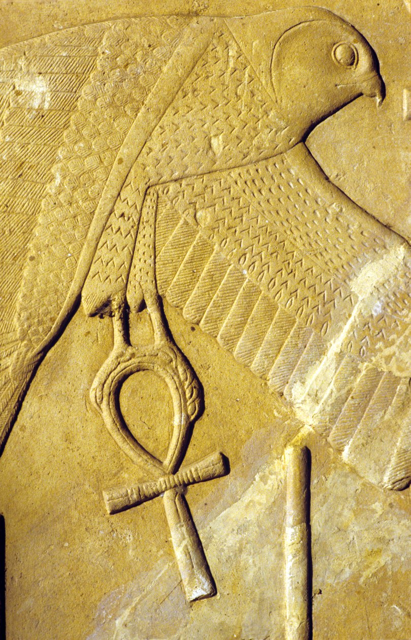 Ancient Egypt, Wall Painting/Carving, The Horus Falcon Carrying the Ankh, Symbol of Life, Karnak Temple, Luxor by School Egyptian