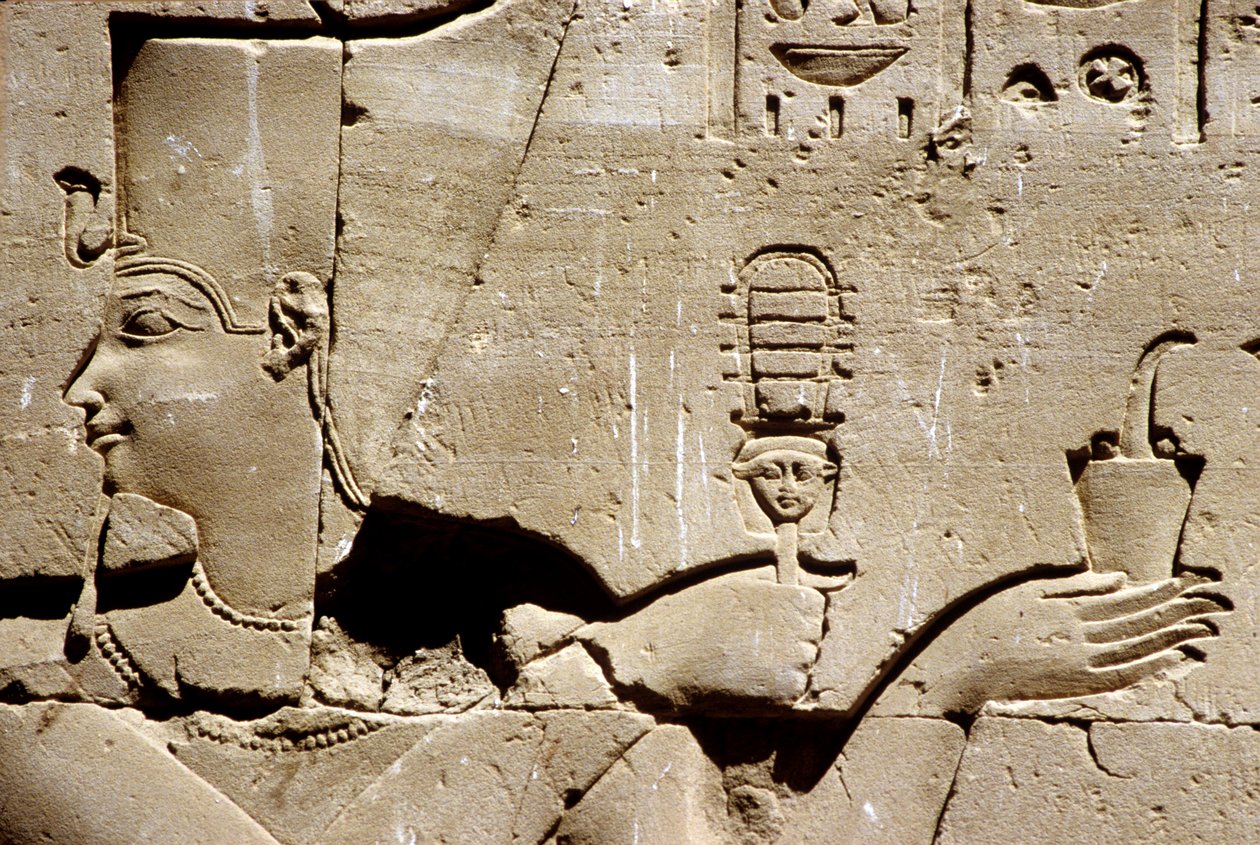 Wall painting/carving, The pharaoh Ptolemy shaking a systrum and offering incense, Temple of Horus, Edfu by School Egyptian