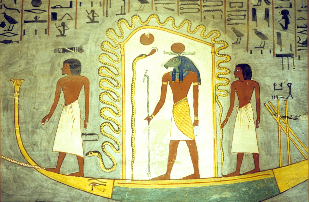 Ancient Egypt, Wall painting/carving, Tomb of Rameses I, Thebes, Barque of Amon Ra being towed through the underworld by School Egyptian