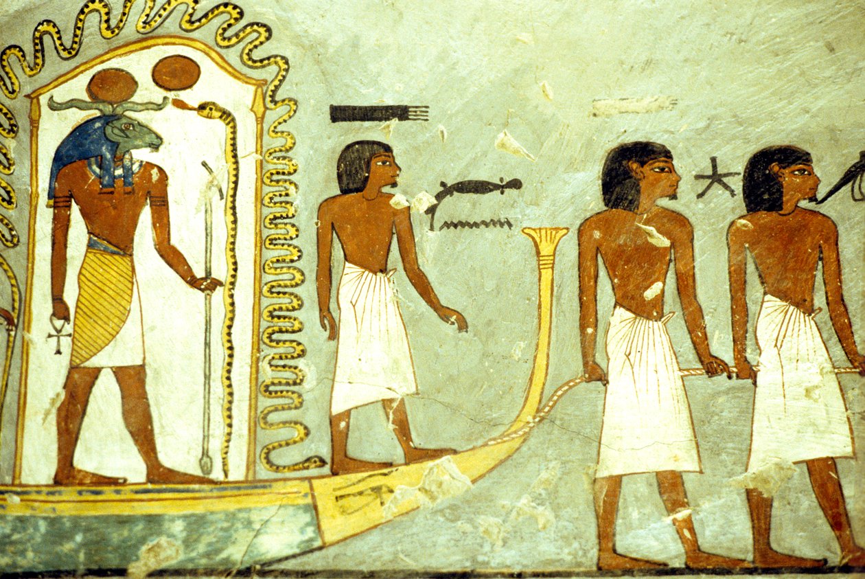 Wall painting/carving, Journey through the underworld boat drawn along by men, Tomb of Rameses I, Thebes by School Egyptian